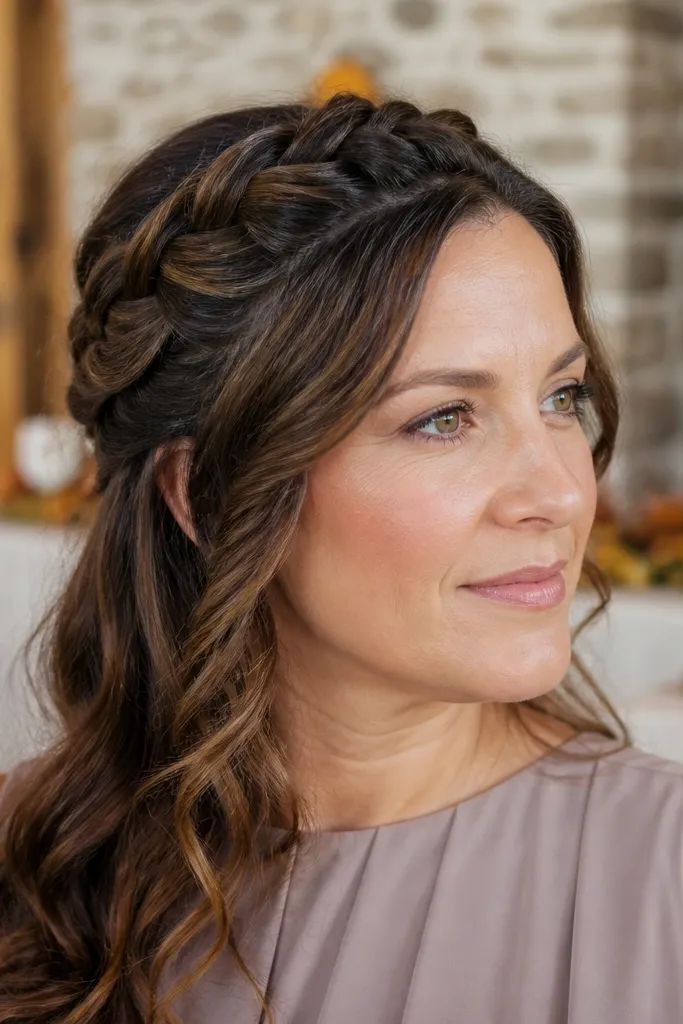 Mini Dutch braid crown across the top with hair down underneath
