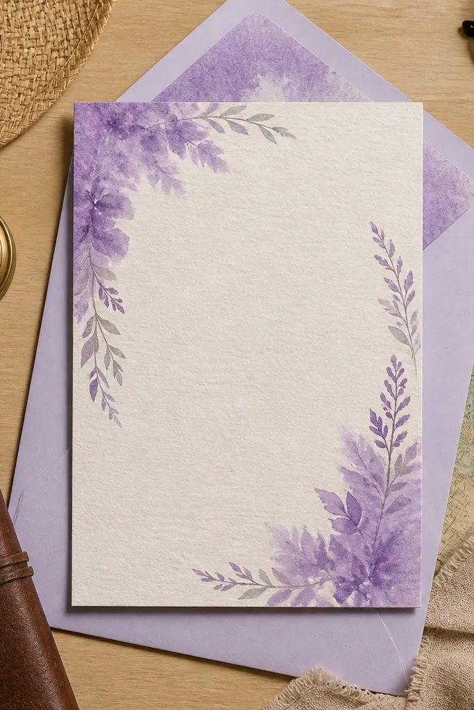 Lavender watercolor corner frame with white text on a soft cream background