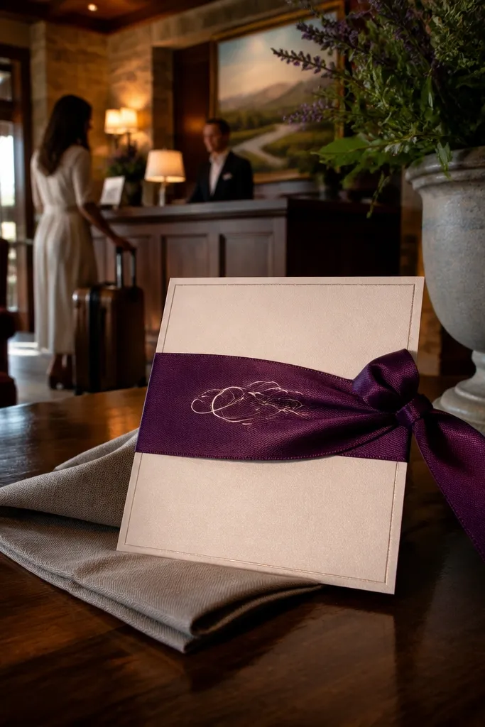 Deep plum ribbon band across a cream card with gold-style script text