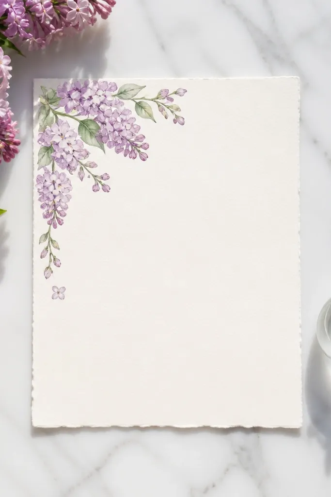 Lilac floral sprig in the corner with minimal dark purple text on white