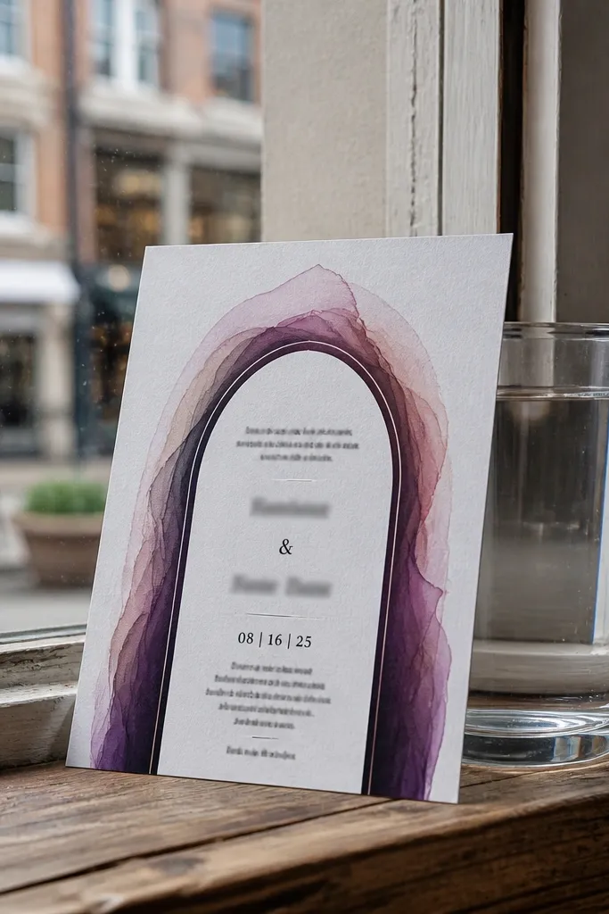 Purple gradient arch frame around centered wedding text on a light background
