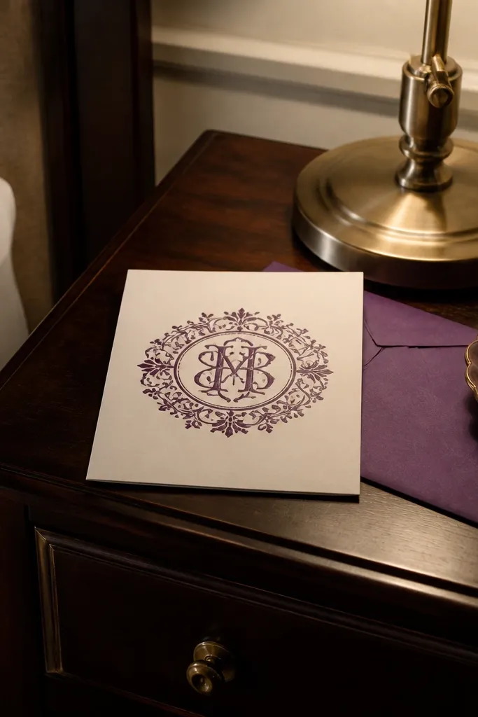 Plum monogram medallion with wedding details on a cream card