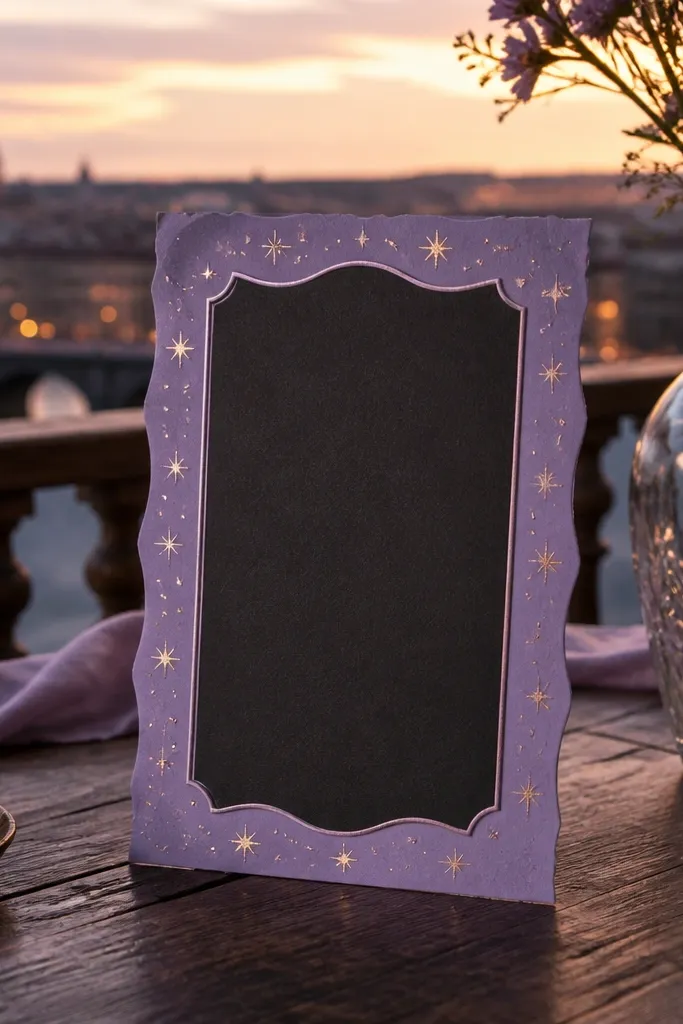 Lavender border with tiny star accents and dark purple wedding text