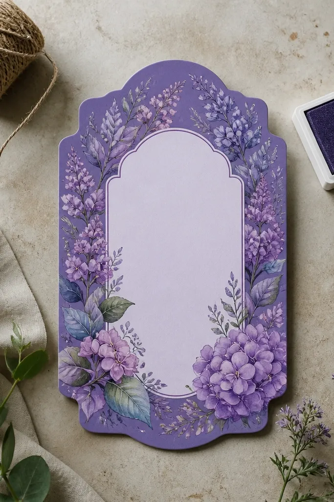 Purple botanical label shape with wedding details inside on a light background