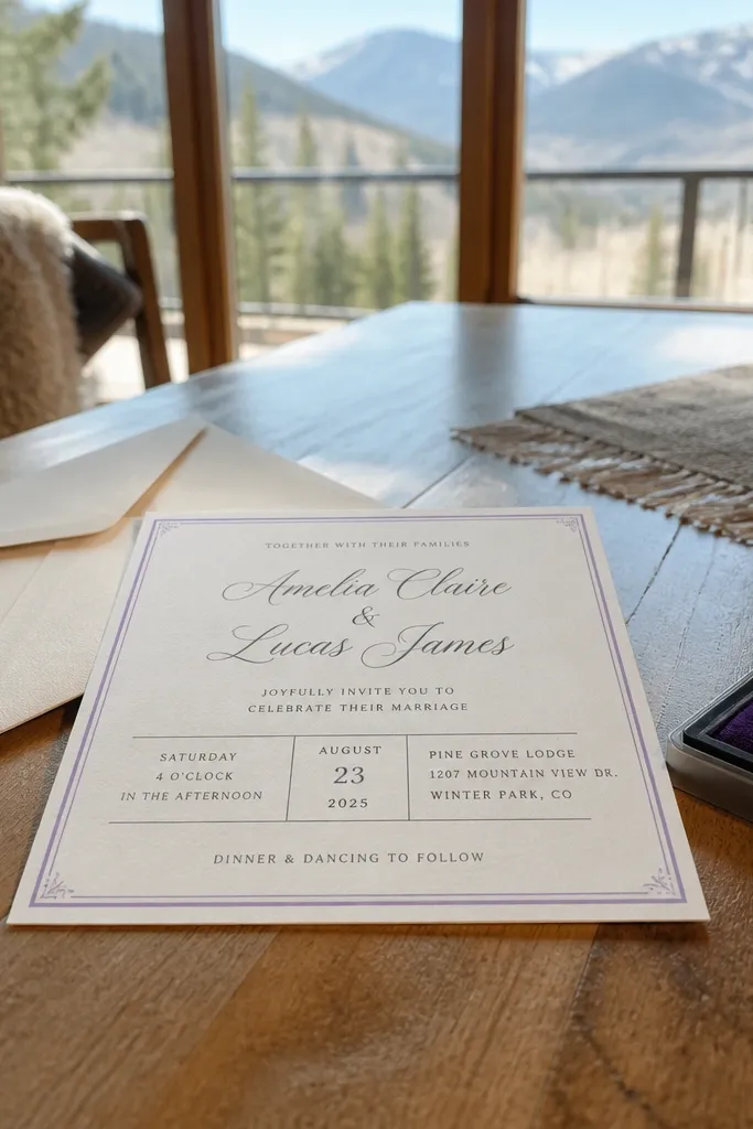 Soft lavender border frame with script names and dark text on white