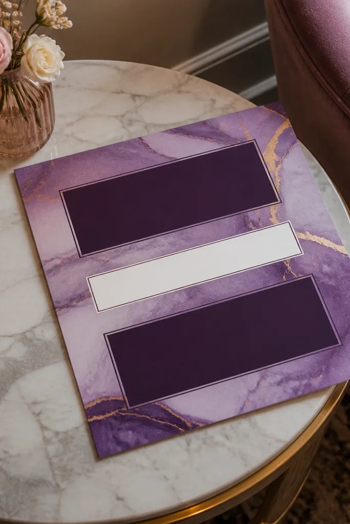 Purple marble background with white wedding text in clean blocks