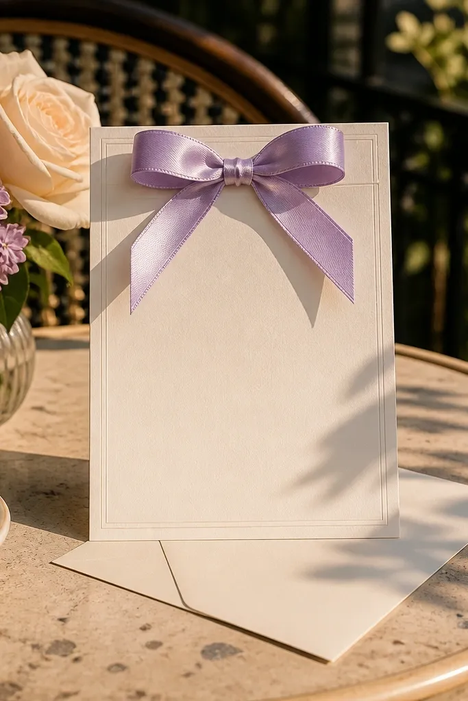 Lilac ribbon bow at the top with centered wedding details on cream