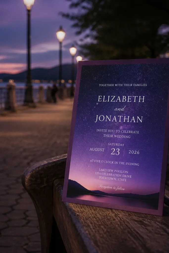 Violet night sky background with a purple border and white wedding text