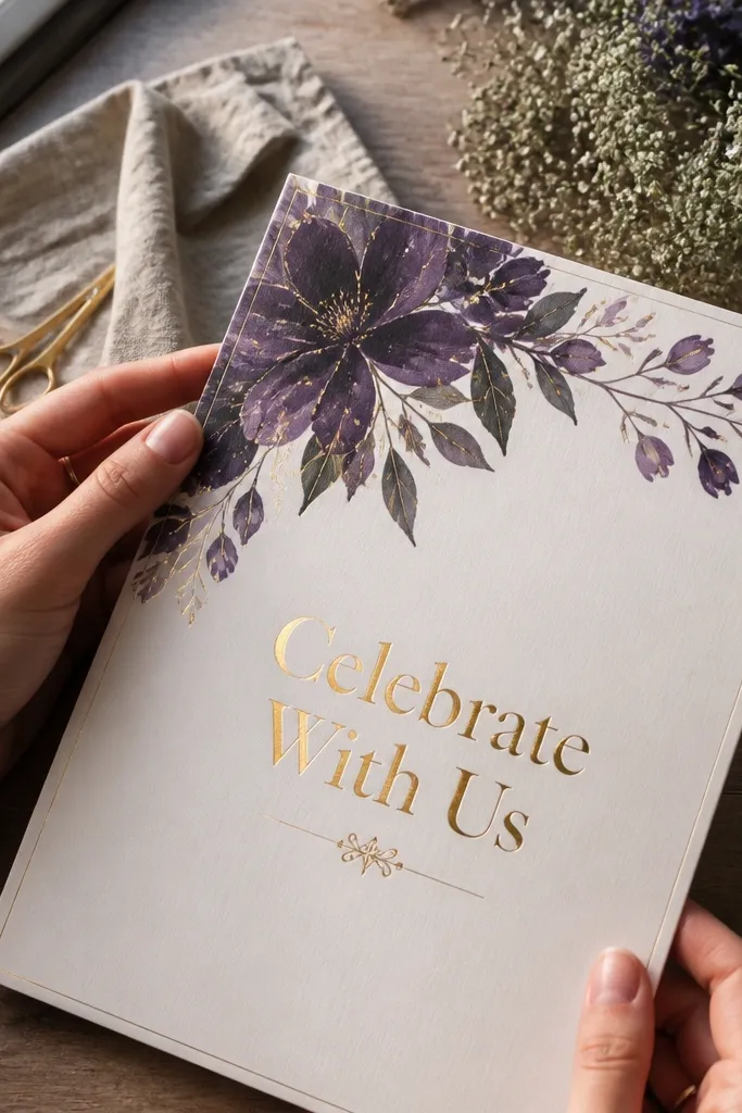 Purple floral corner with gold-style text over a light lavender background