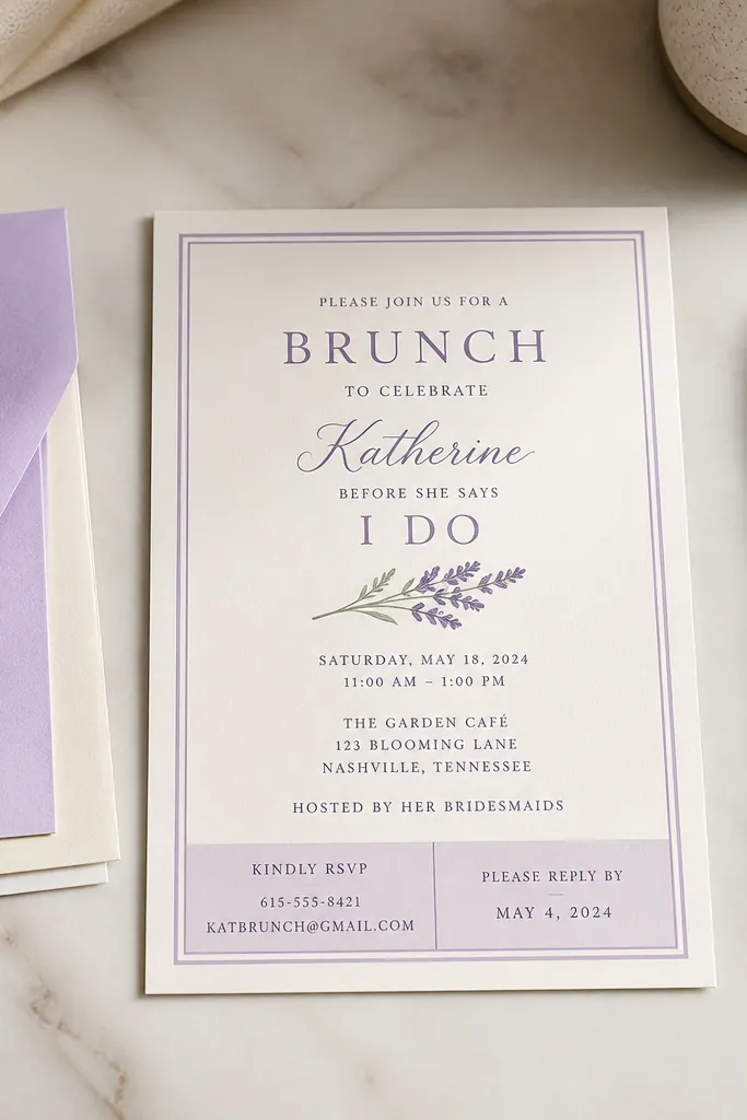 Lavender border frame with a clear RSVP footer on a white background