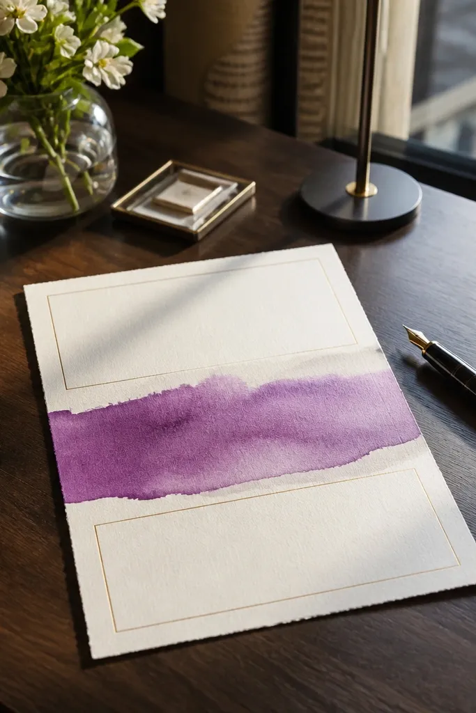 Purple watercolor band across the center with white wedding text on cream