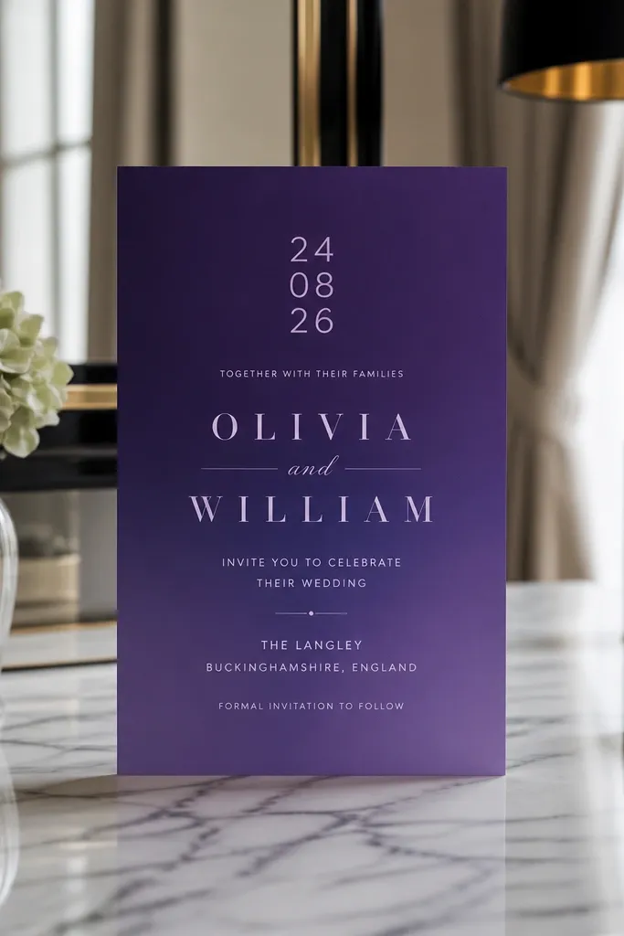 Monochrome violet minimal card with bold wedding date typography