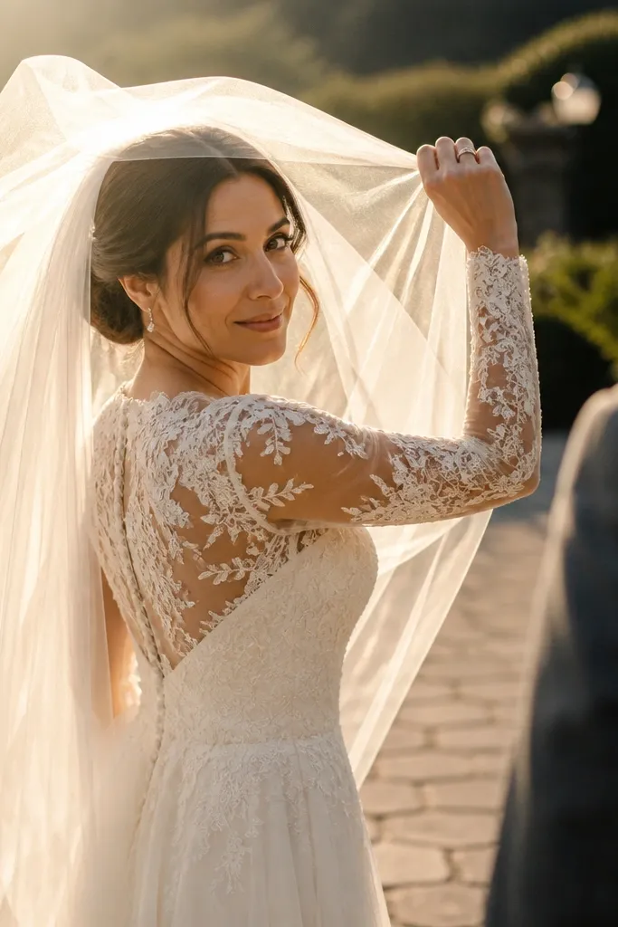 Partner lifting veil with both figures separated by a step in soft light