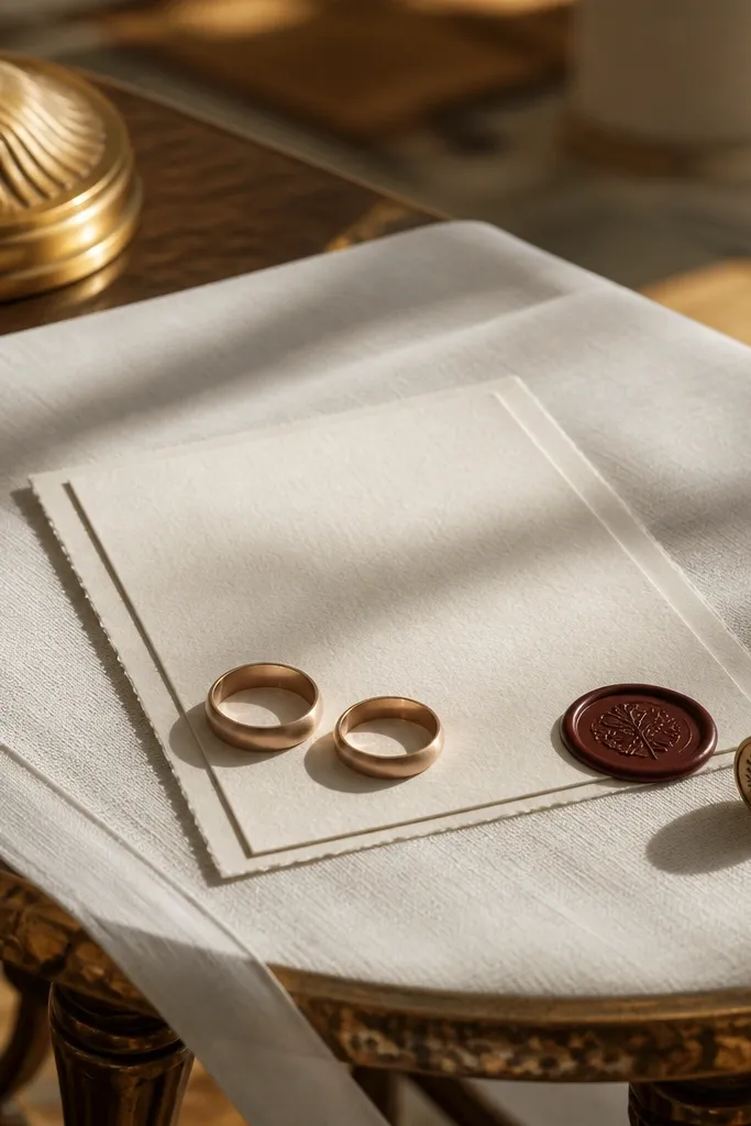 Wedding menu and rings laid neatly on a wood table with a wax seal