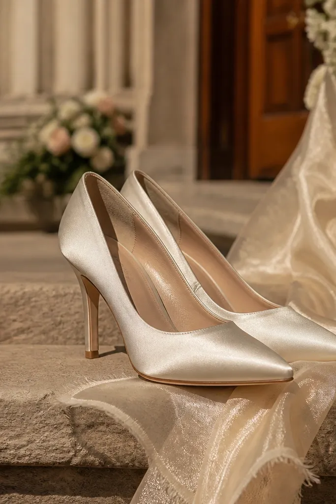 Bride and groom shoes on wedding steps with dress and suit fabric in frame