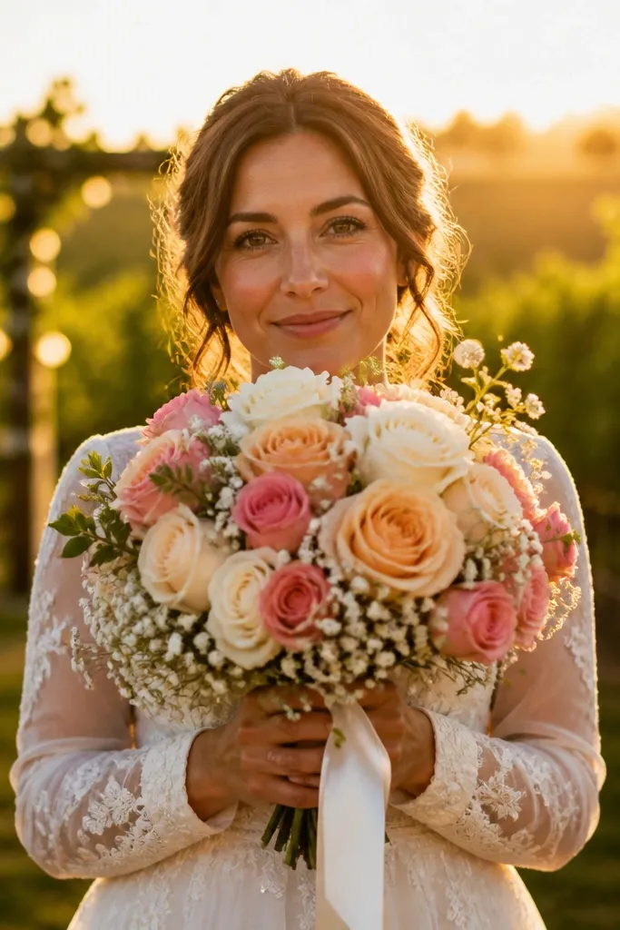 Bouquet backlit by sun with one ribbon tail stretched across the frame