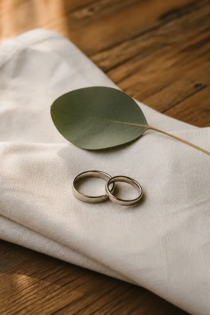 Wedding rings on a folded linen napkin with one small green leaf