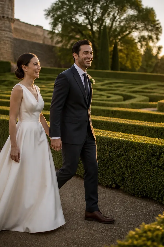 Couple walking in profile along a hedge with soft depth behind them