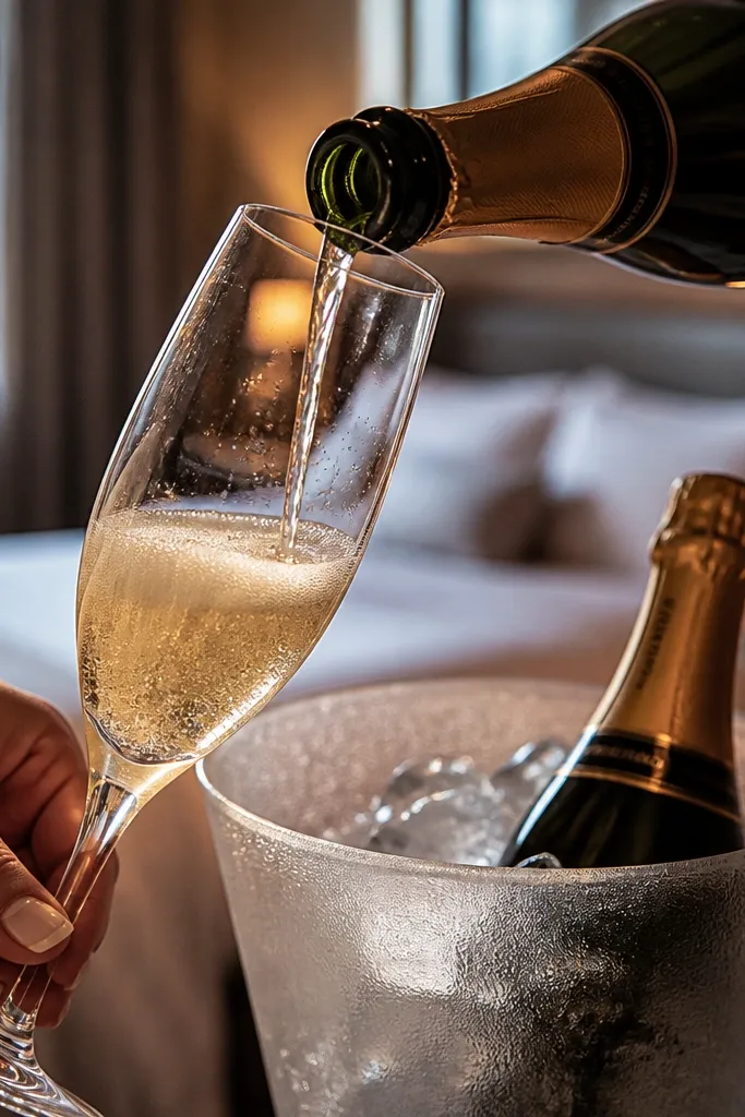 Hands pouring champagne into flutes with bubbles catching light