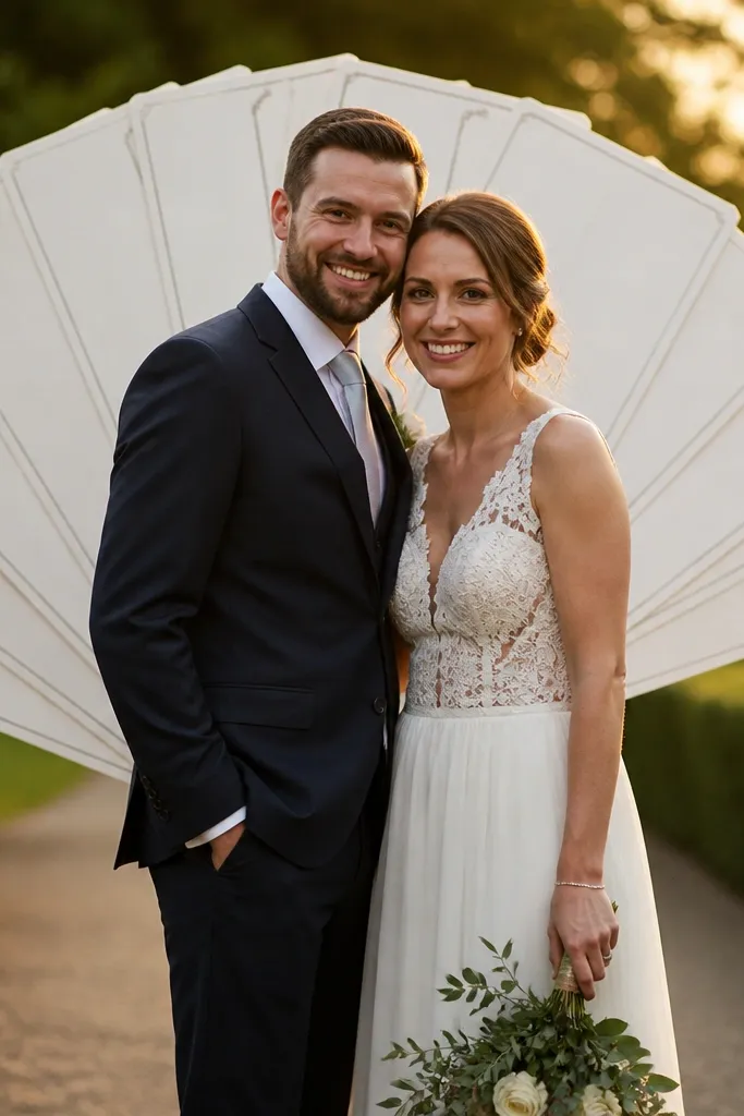 Couple holding a fan of invitation cards behind them