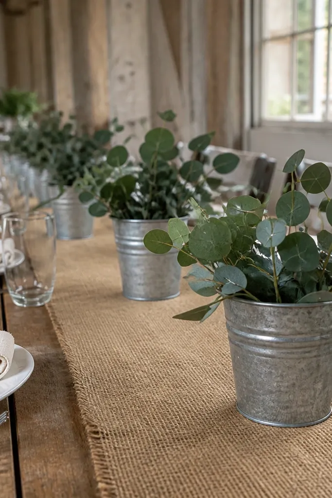 Tan burlap runner with small tin pails holding eucalyptus stems