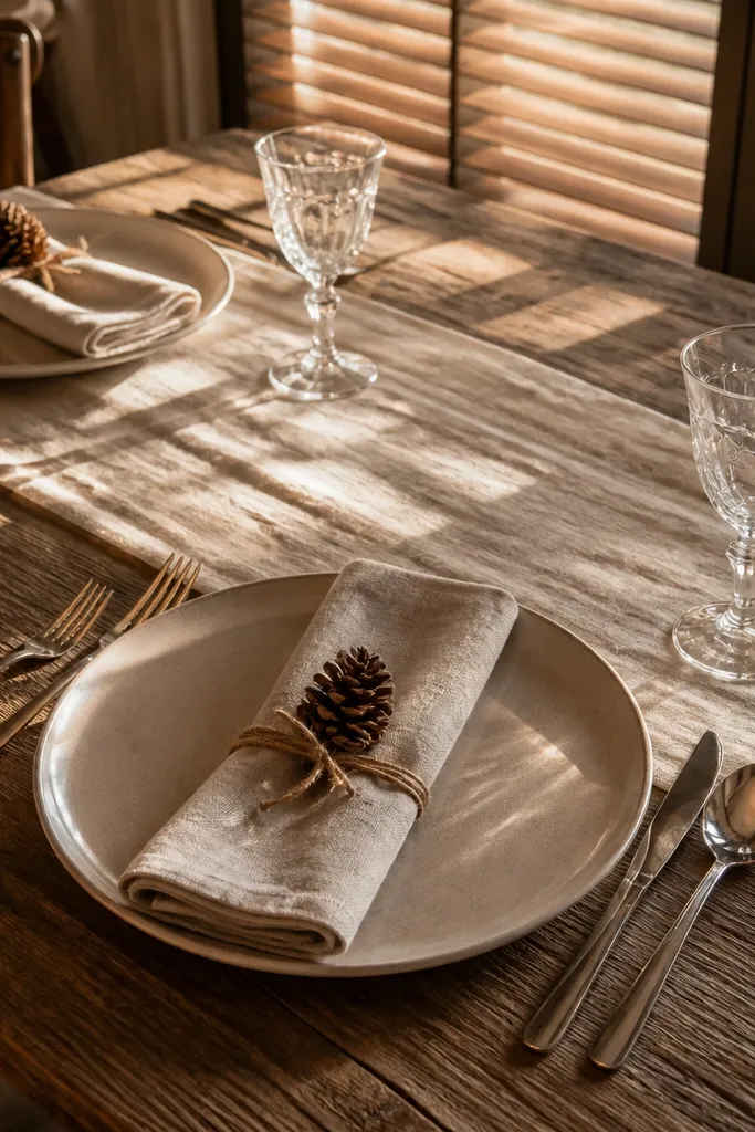 Cream napkins tied with twine and a small pine cone at each place setting