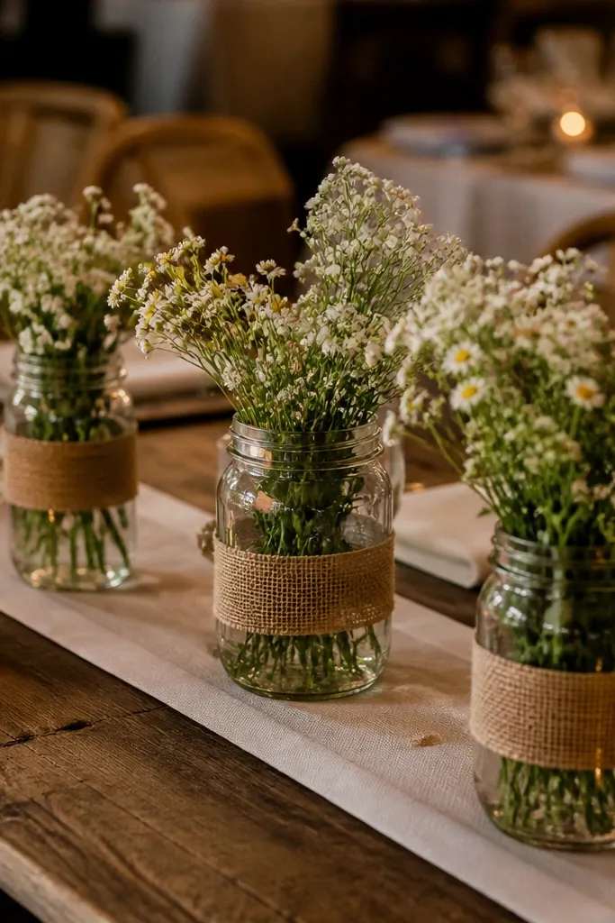 Mason jars filled with short stems tied with burlap bands