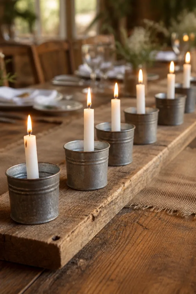 Tin candle cups on a long reclaimed wood board with scattered greenery