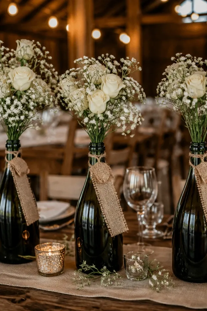 Small champagne bottles used as bud vases with twine tags and sage