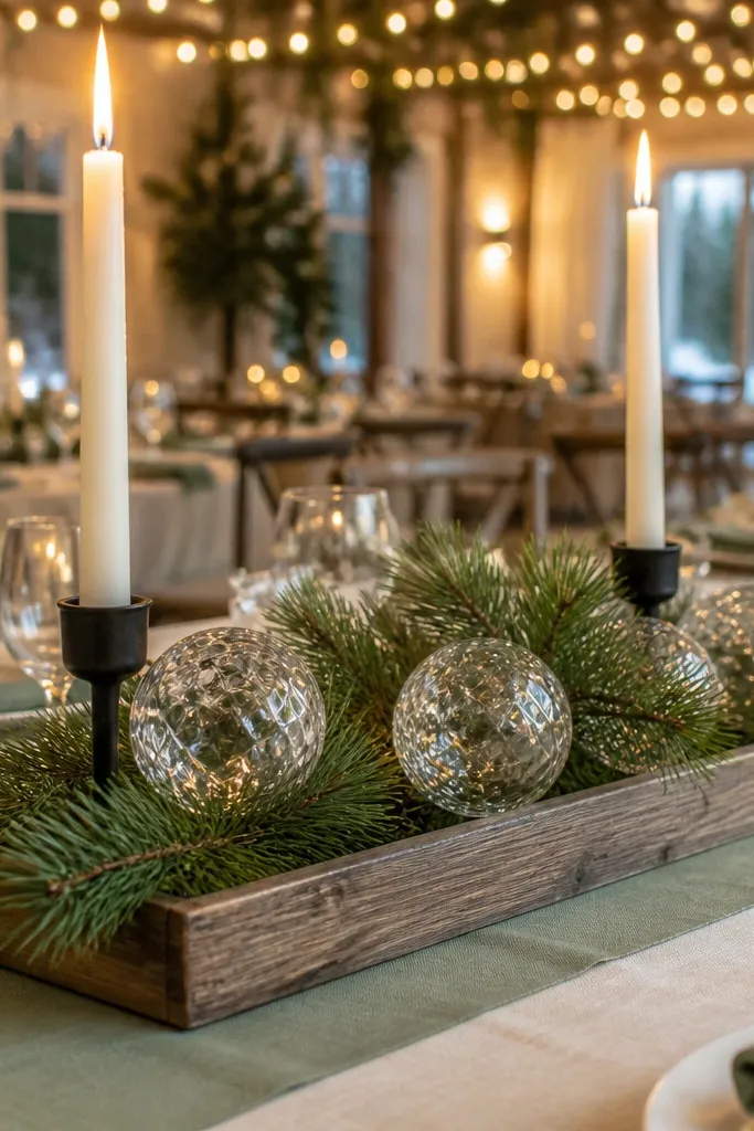 Wood tray with clear glass orbs, pine branches, and white taper candles