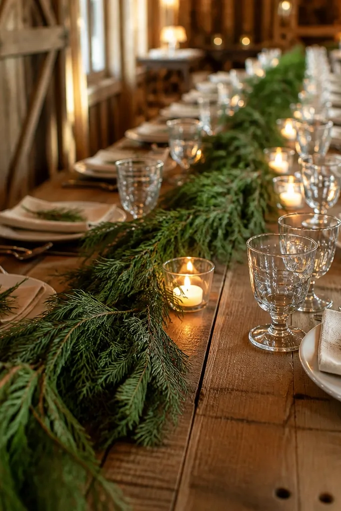 Cedar branch garland across a table with floating votives in shallow bowls