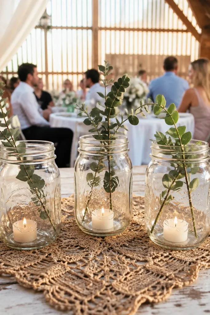 Three mason jar votives on burlap doily circles with small sage sprigs