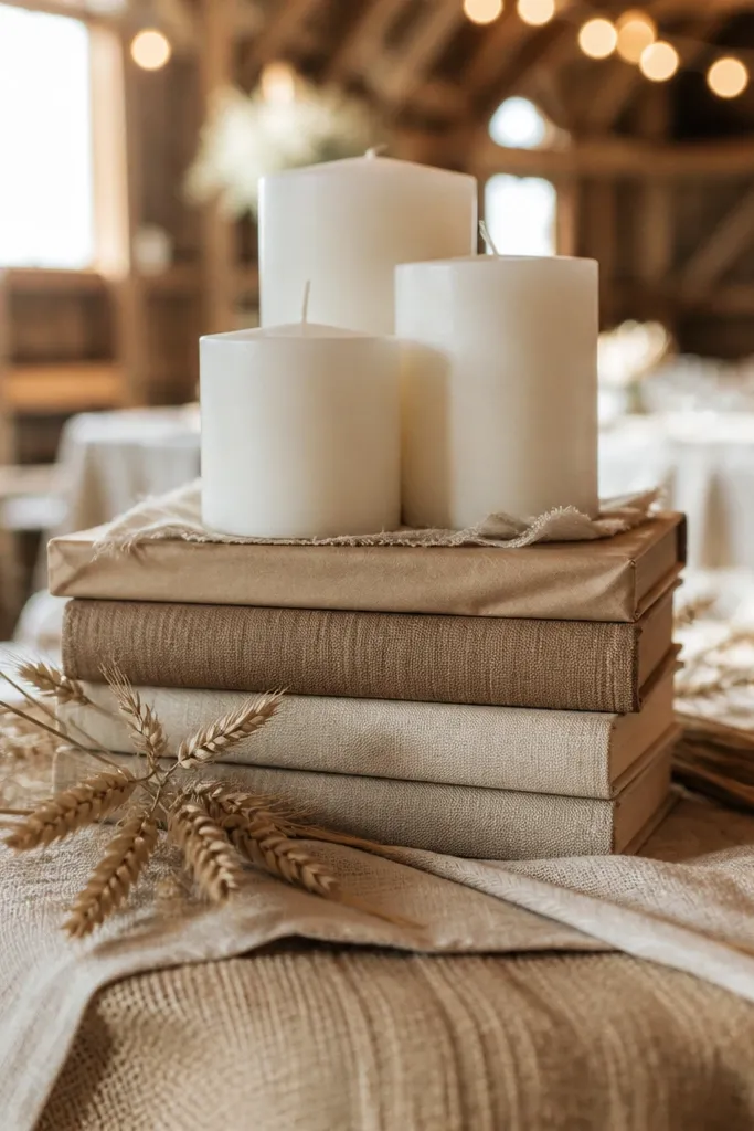 Stacked books under white candles with linen and twine on top