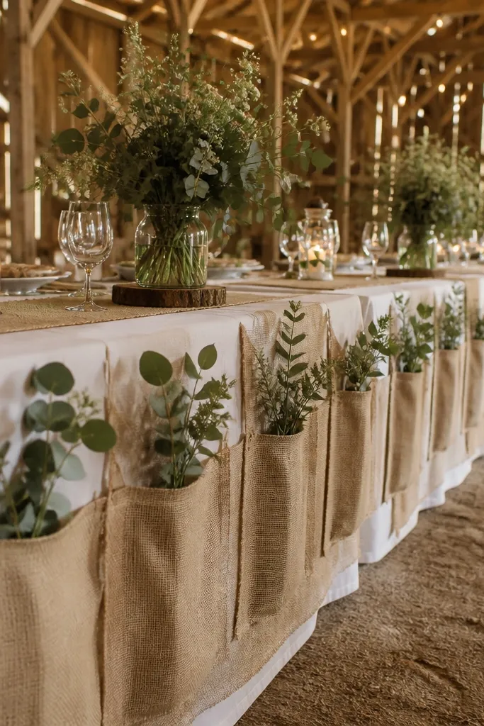 Burlap runner with three pocket sections holding small bud vases and greenery