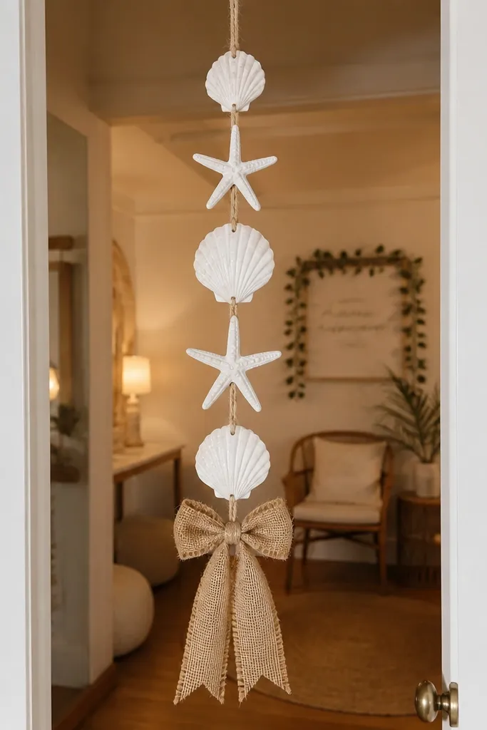 A short door garland with a jute bow and white shells