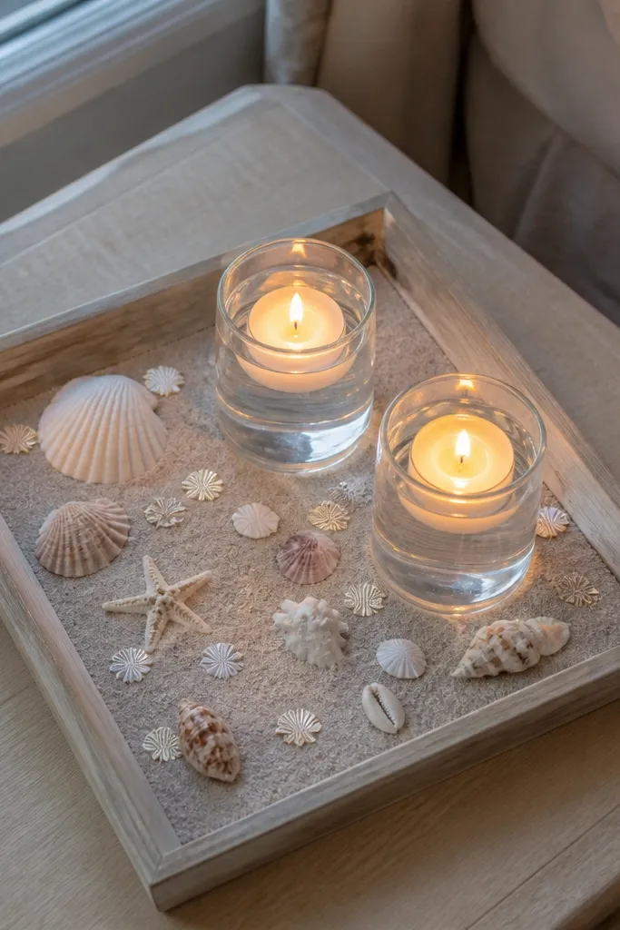 A shallow tray with shells and small floating candle cups