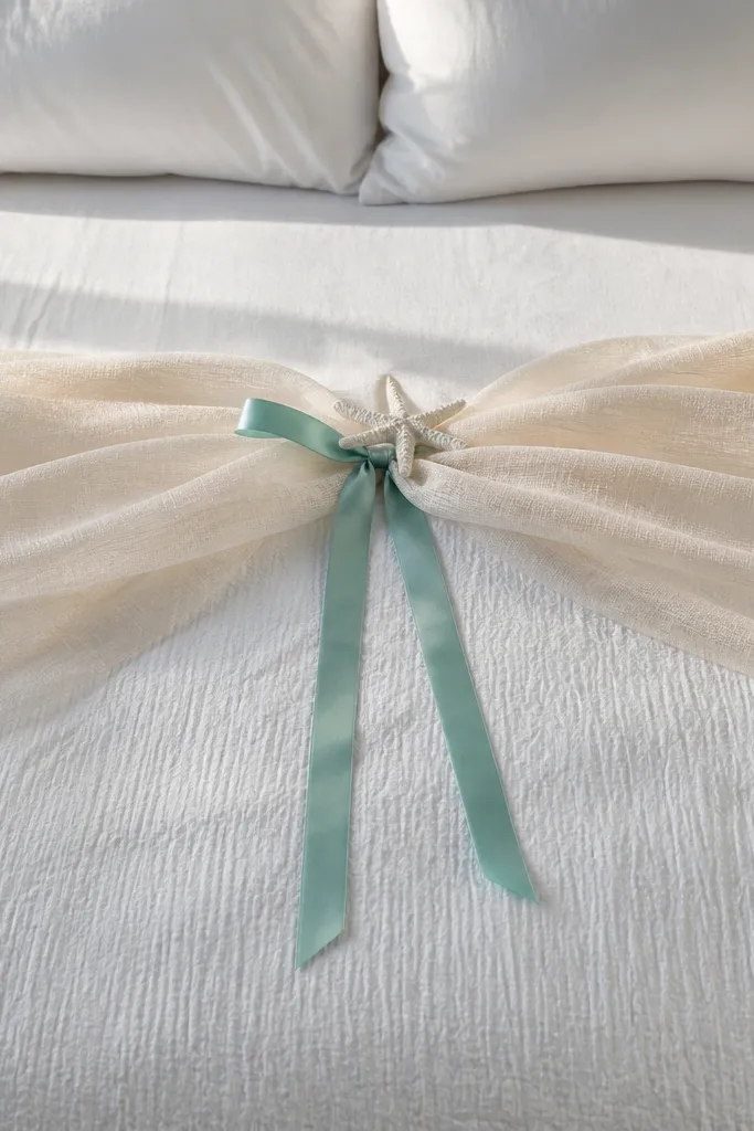 White tulle draped across a bed with a small sea-green accent ribbon