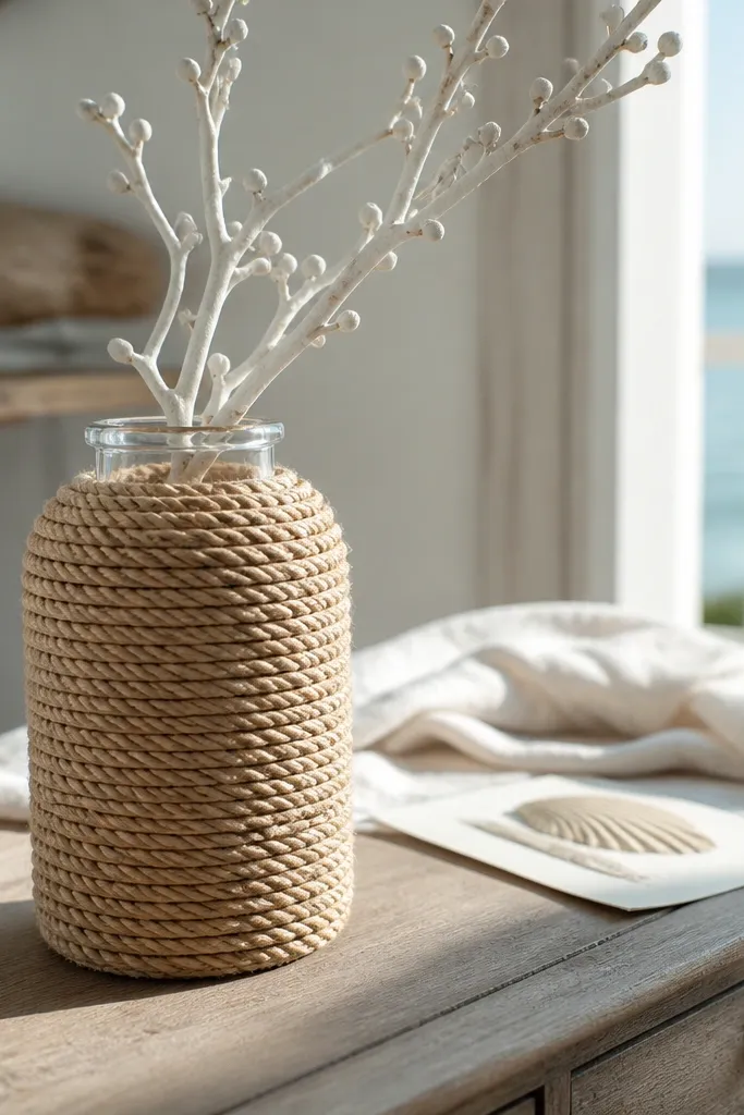 A small vase wrapped in rope with a single white branch inside
