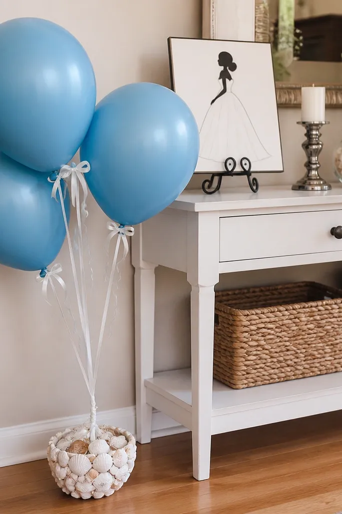 Three sea-blue balloons tied with white ribbon and a small weight