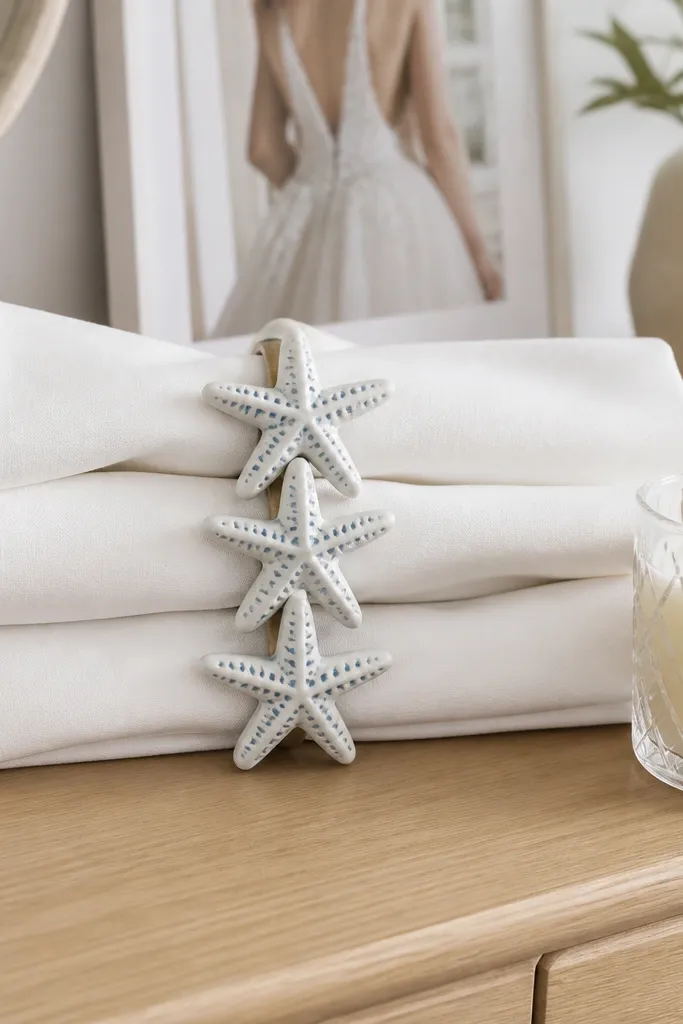 Starfish napkin rings holding folded white napkins on a tray