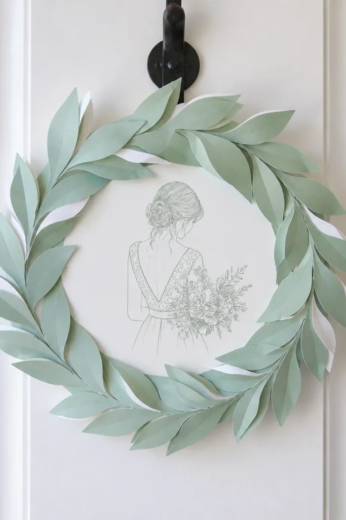 A paper leaf wreath hung on a door with a white ribbon bow