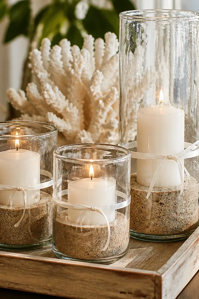 Three clear jars with sand and white candles on a dresser