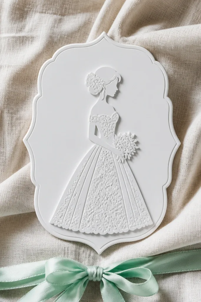 A bride-to-be sign propped on linen fabric with sea-green ribbon