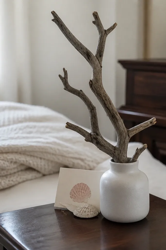 A small driftwood branch in a vase next to a seashell card