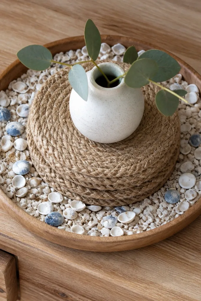 Jute coasters stacked with shell confetti on a tray