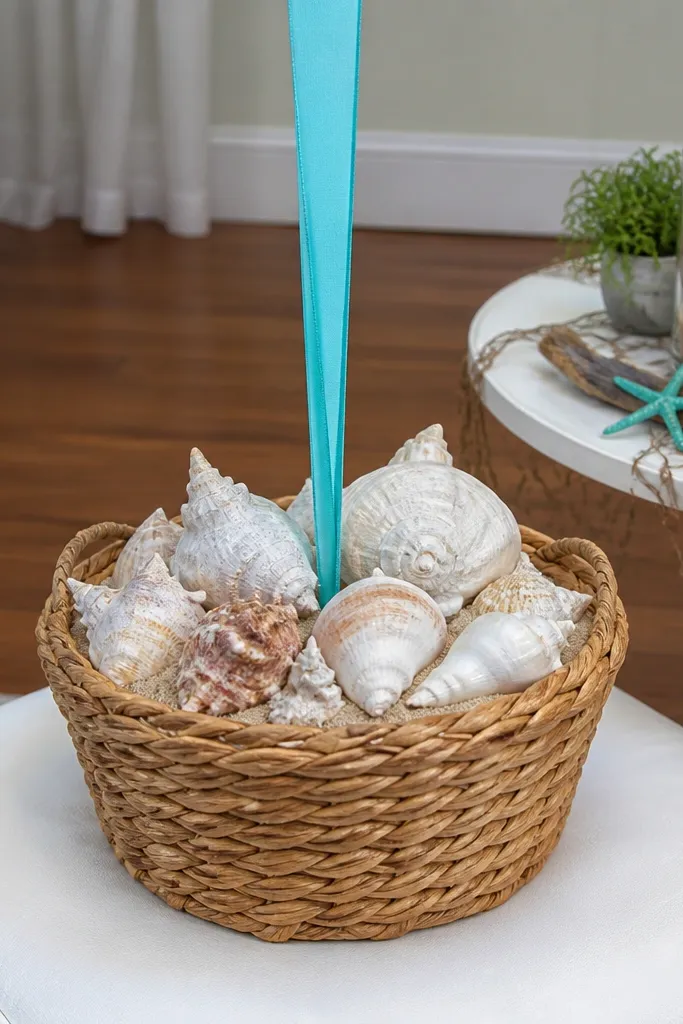 Balloon cluster tied to a small basket filled with shells