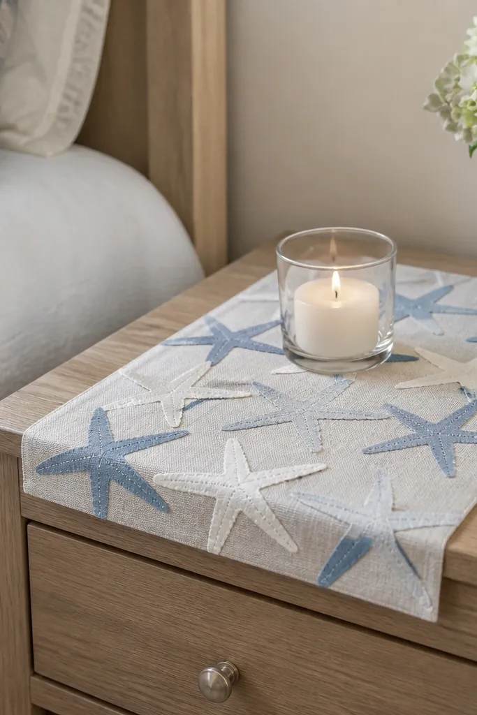 A short starfish cutout runner on a bedside table with candles