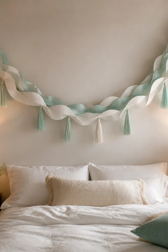 A paper wave garland strung above a bed with white tassels
