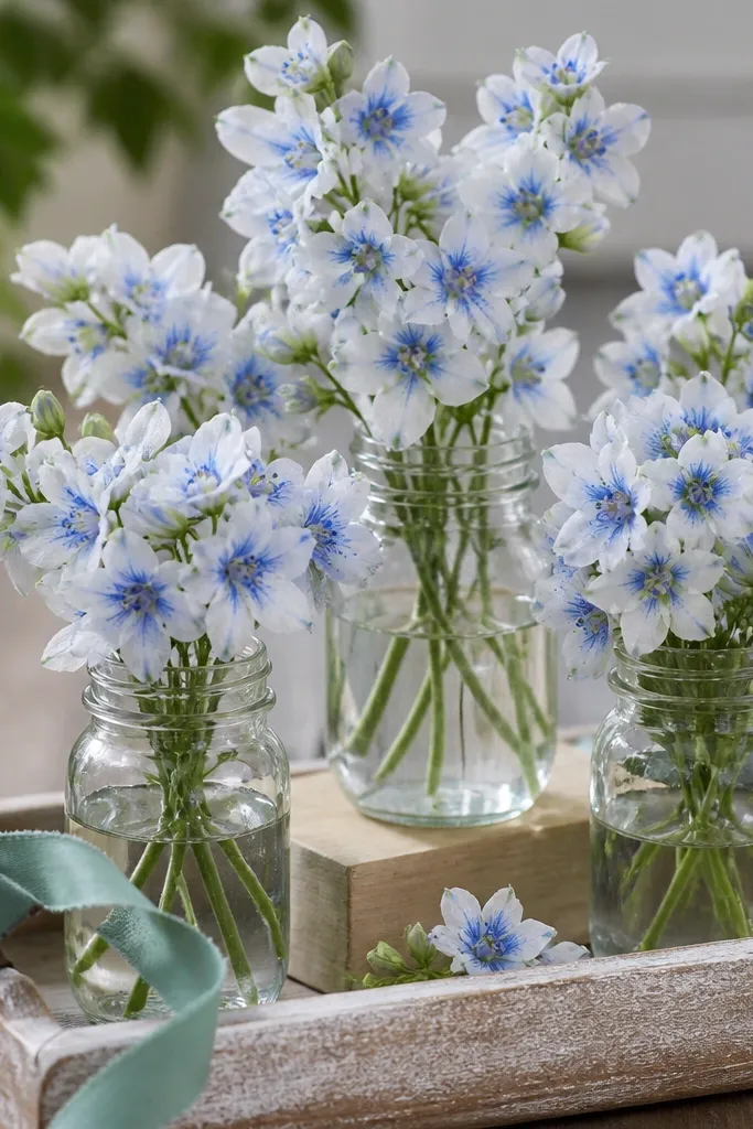 Three small jars with one type of white and pale blue flowers