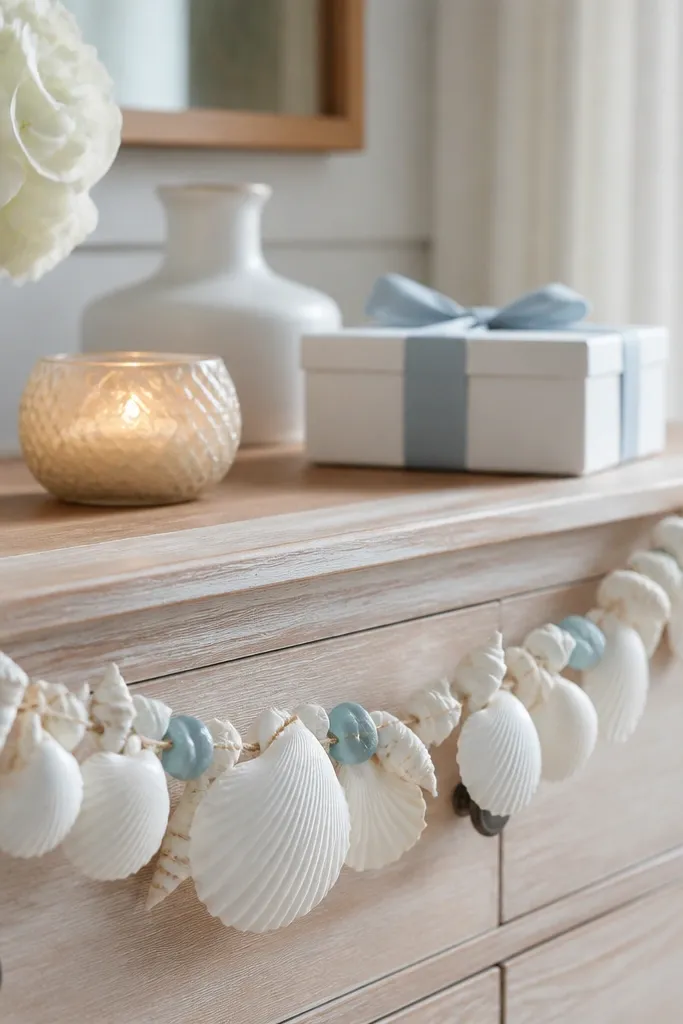 A white shell garland draped along a dresser edge